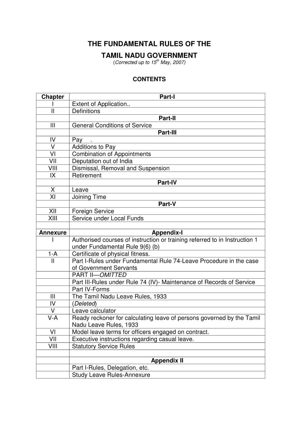 THE FUNDAMENTAL RULES of the TAMIL NADU GOVERNMENT (Corrected up to 15 Th May, 2007)