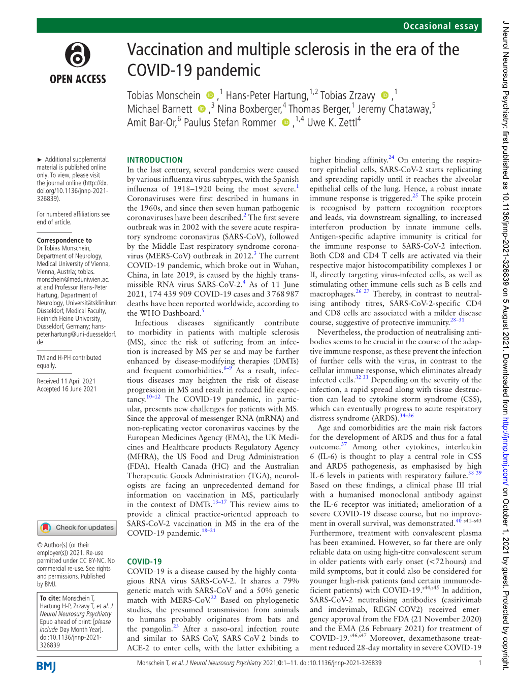 Vaccination and Multiple Sclerosis in the Era of the COVID-19 Pandemic