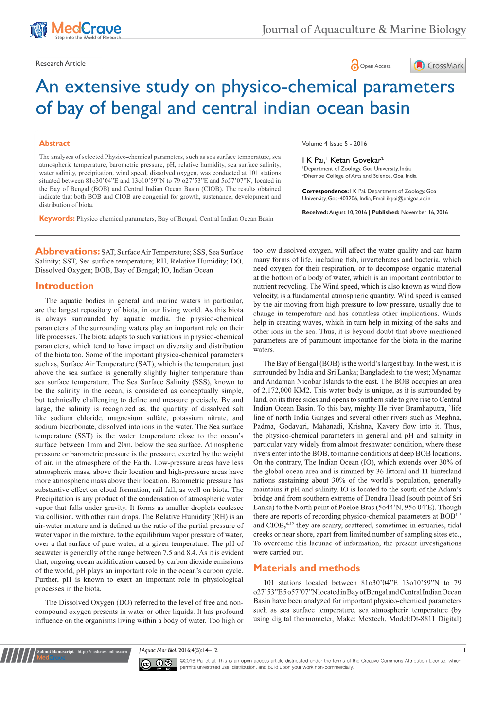 An Extensive Study on Physico-Chemical Parameters of Bay of Bengal and Central Indian Ocean Basin