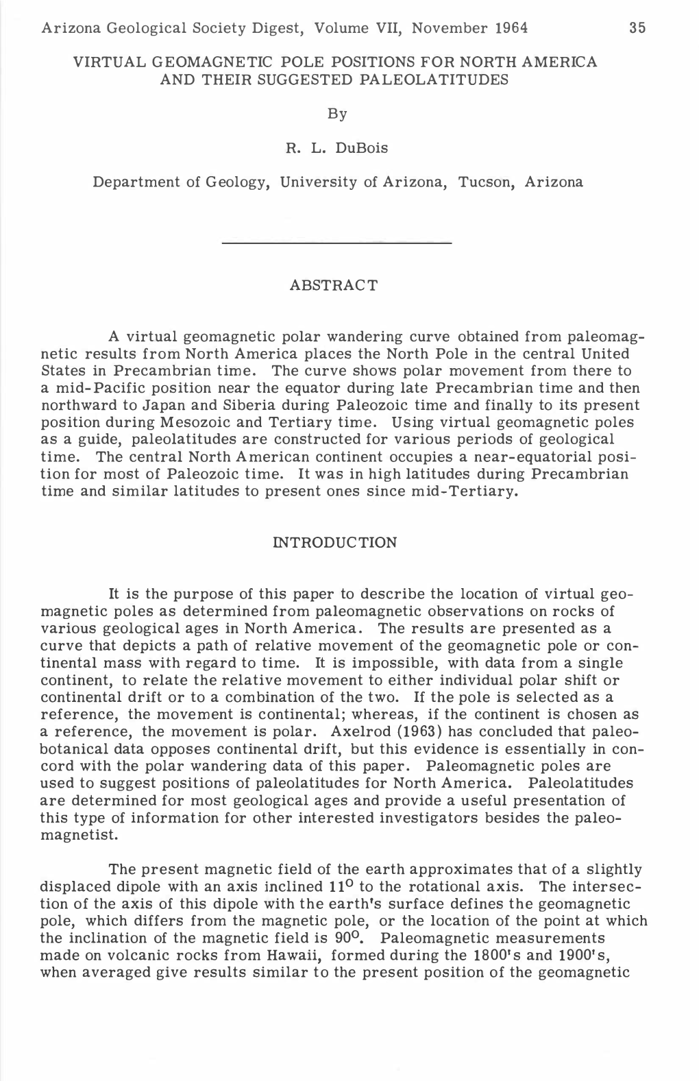 Arizona Geological Society Digest, Volume VII, November 1964 35 VIRTUAL GEOMAGNETIC POLE POSITIONS for NORTH AMERICA and THEIR SUGGESTED PALEOLATITUDES by R