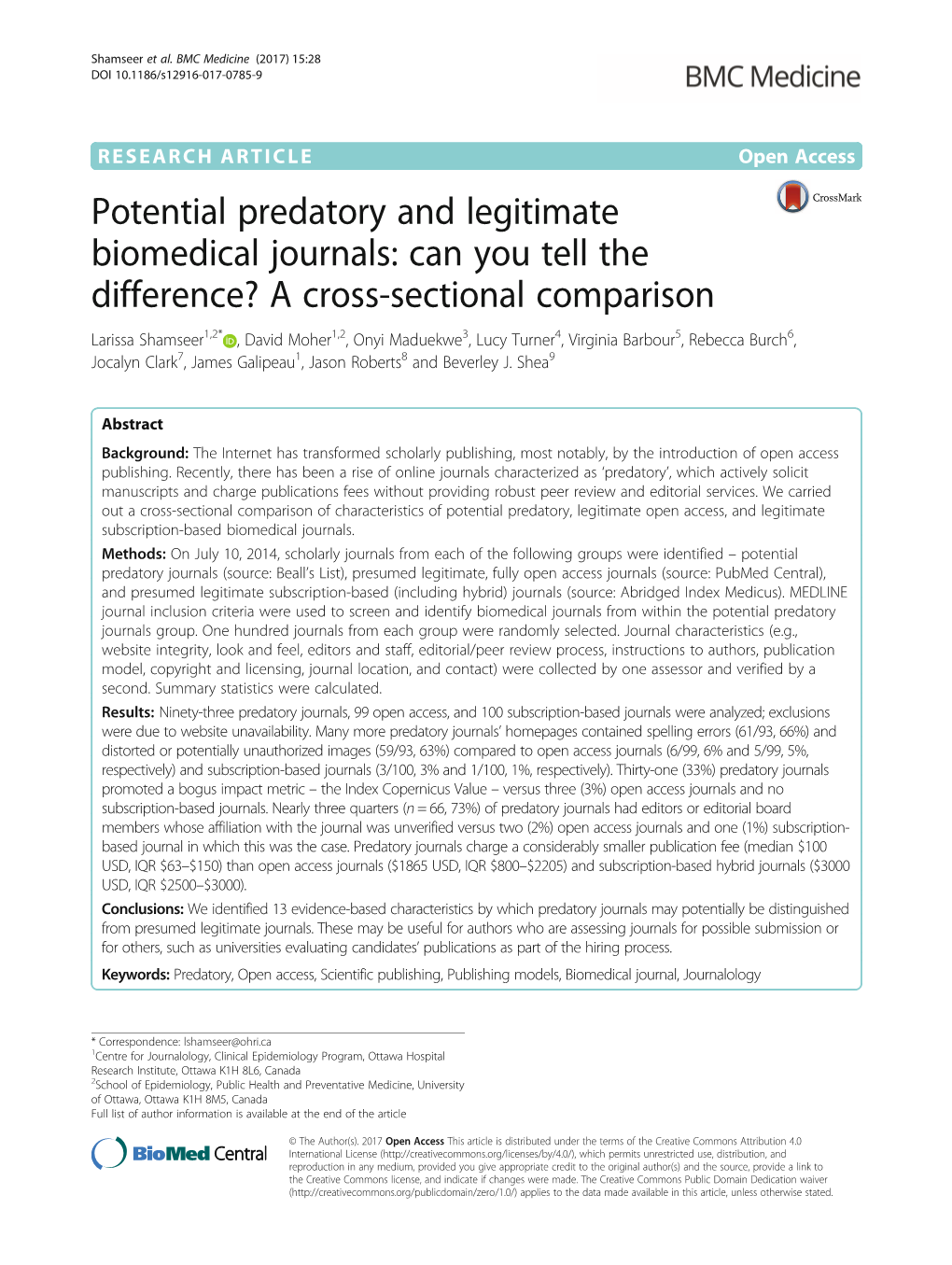 Potential Predatory and Legitimate Biomedical Journals