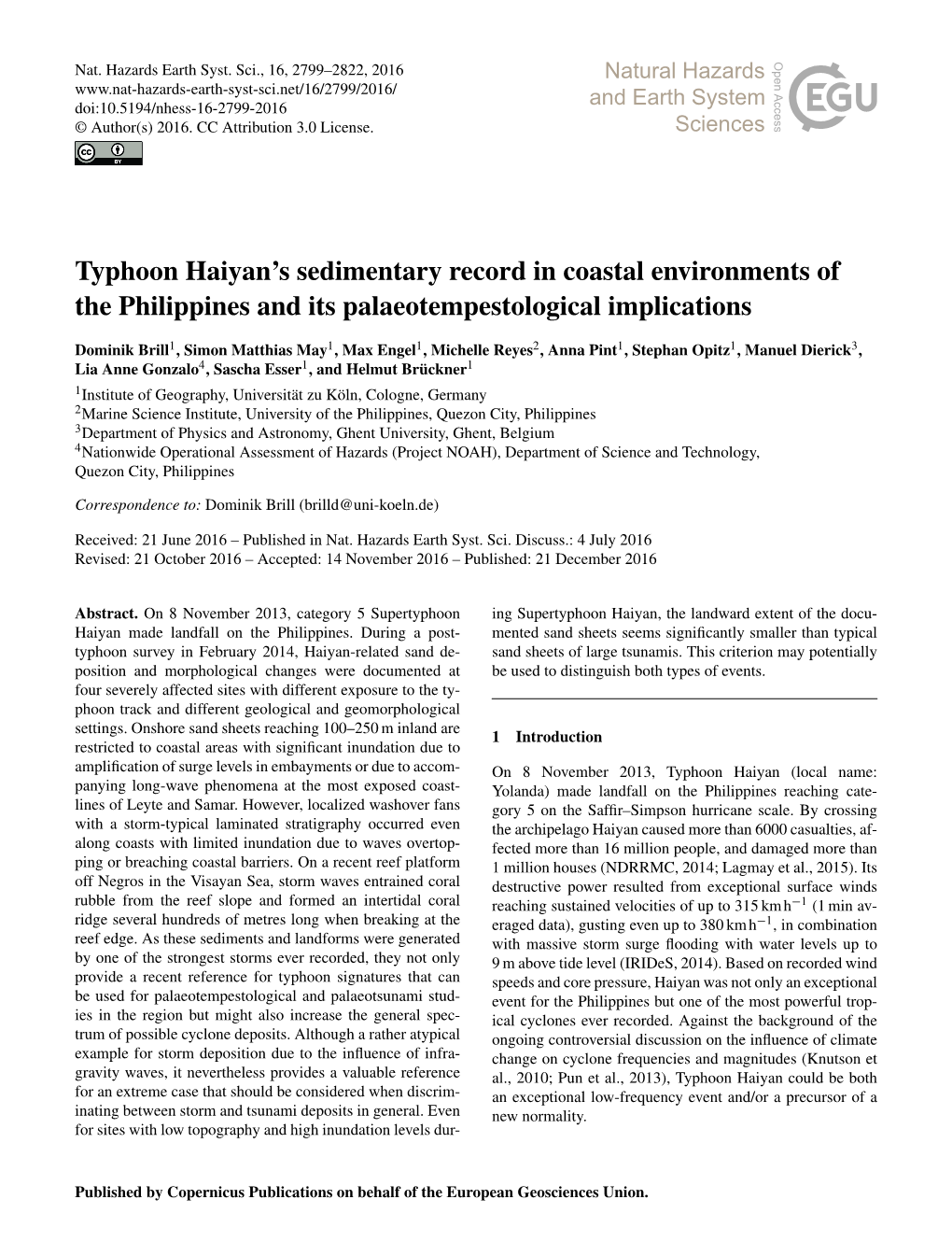 Typhoon Haiyan's Sedimentary Record in Coastal Environments of The