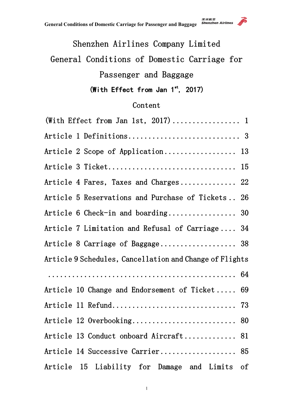 Shenzhen Airlines Company Limited General Conditions of Domestic