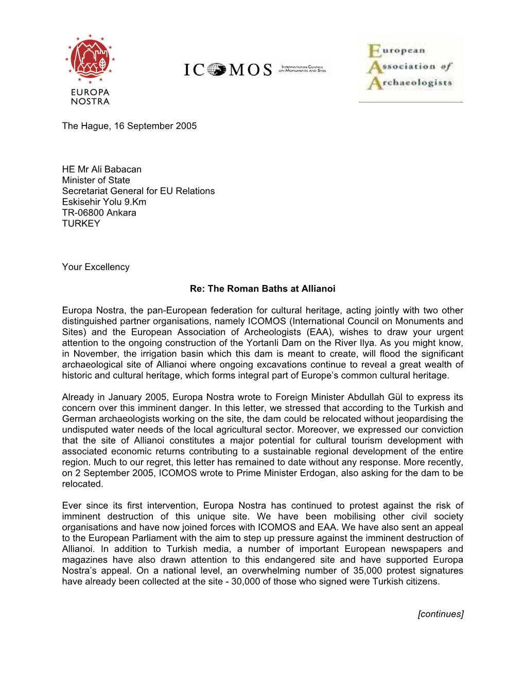 EN ICOMOS EAA Joint Letter to HE Ali Babacan