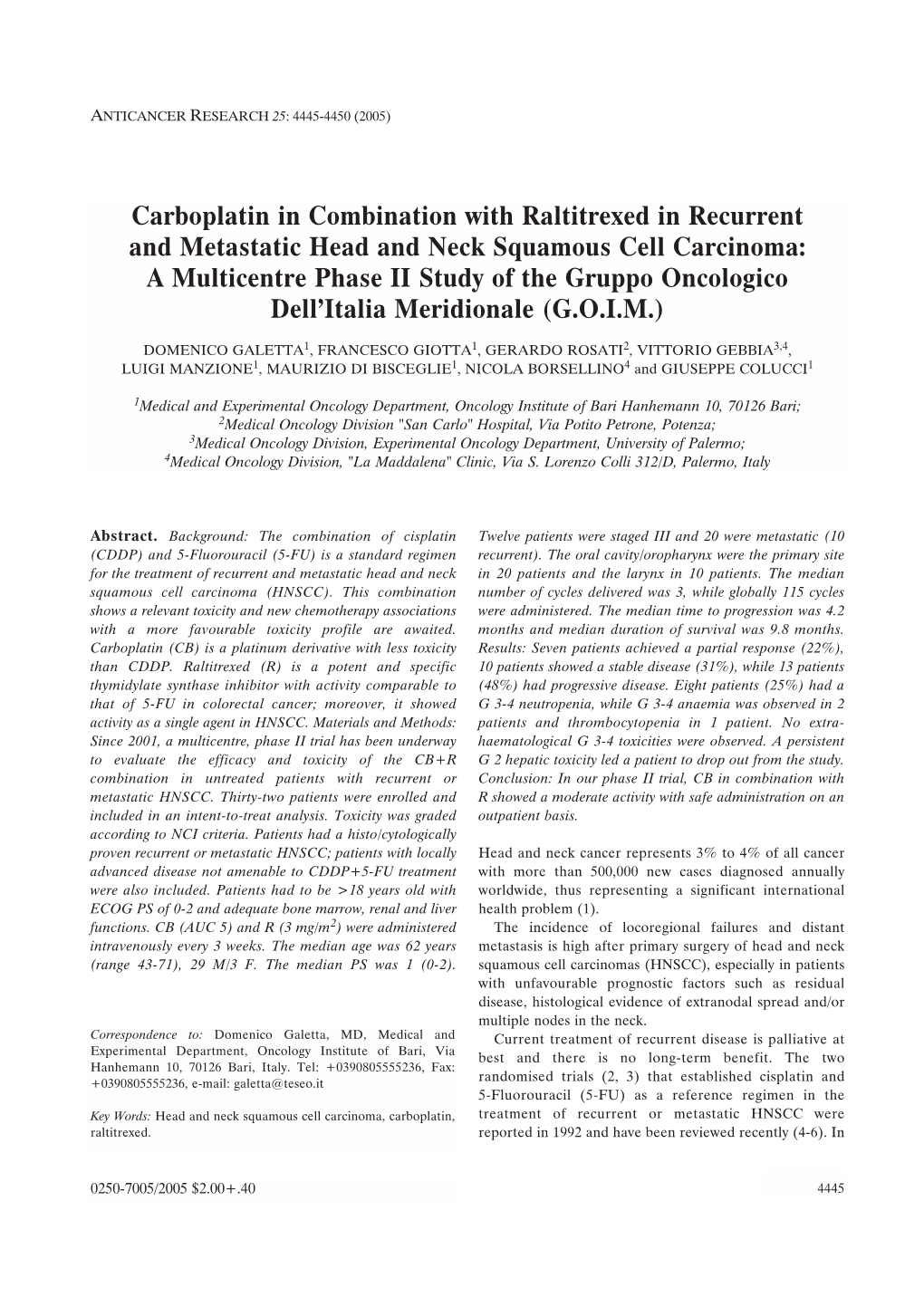 Carboplatin in Combination with Raltitrexed