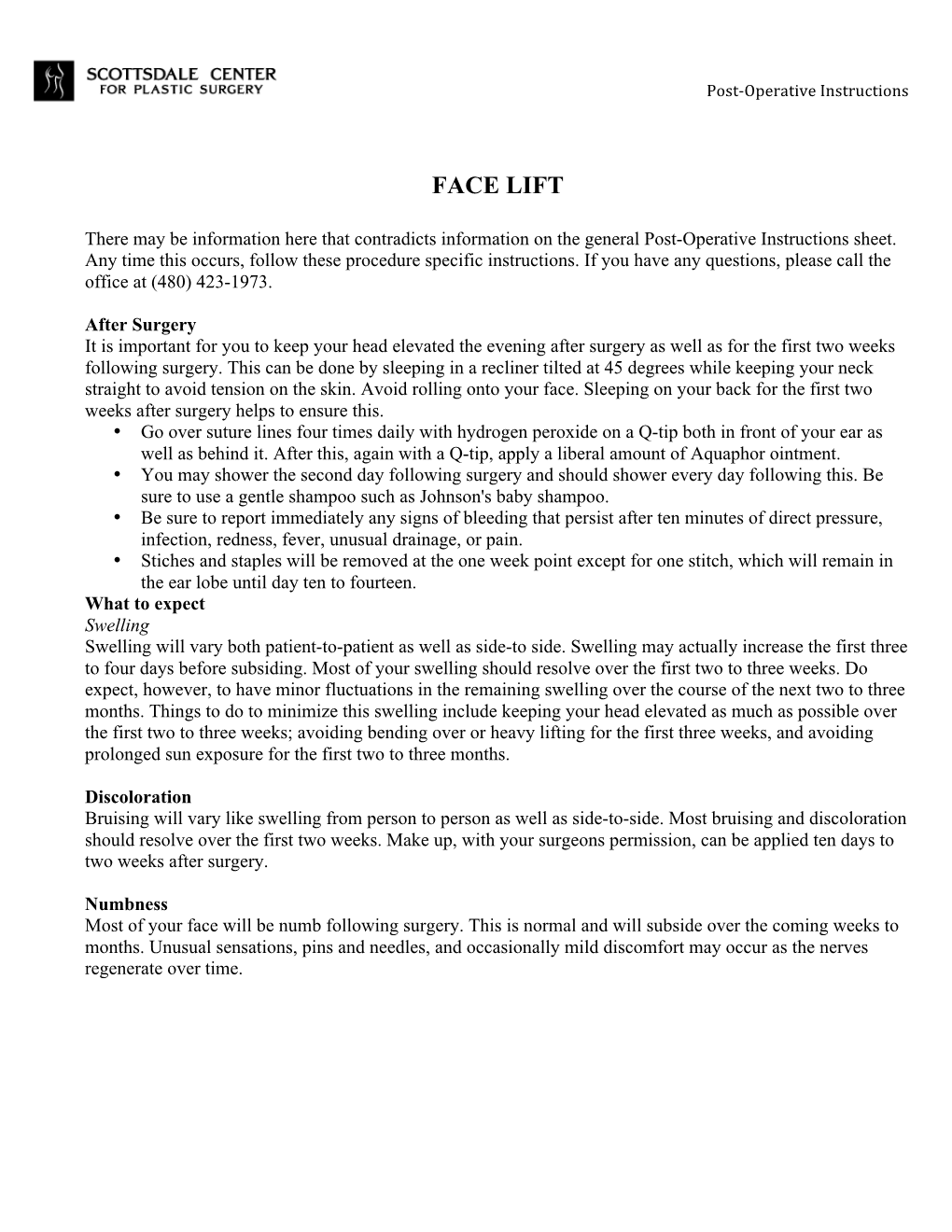 Facelift Post-Op Instructions