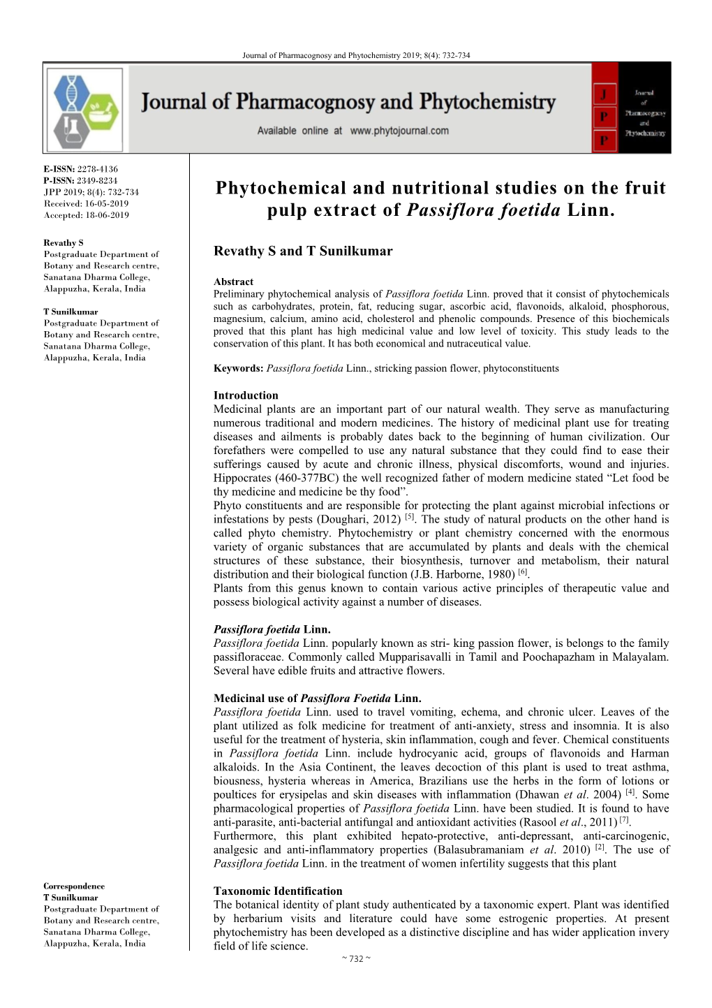 Phytochemical and Nutritional Studies on the Fruit Pulp Extract of Passiflora