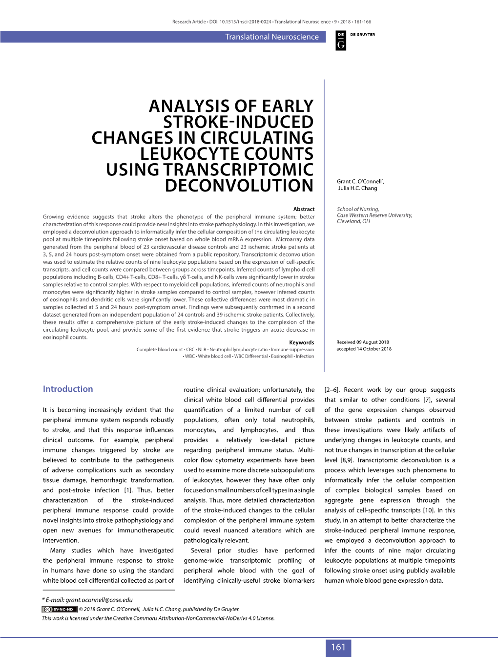 ANALYSIS of EARLY STROKE-INDUCED CHANGES in CIRCULATING LEUKOCYTE COUNTS USING TRANSCRIPTOMIC Grant C