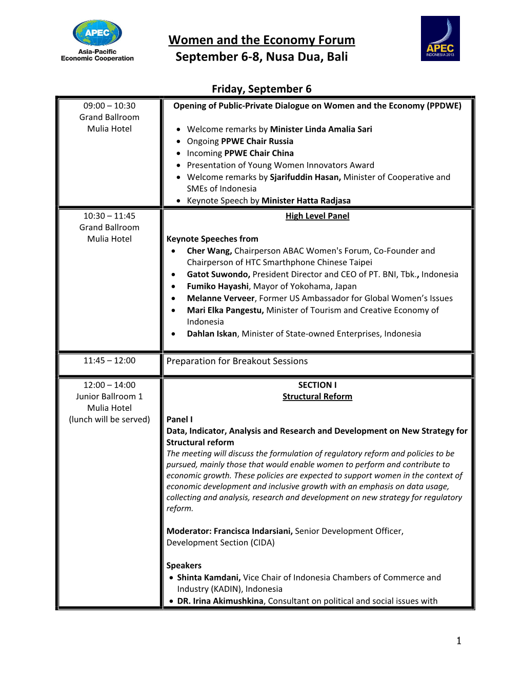 Apec Wef 2013 Agenda