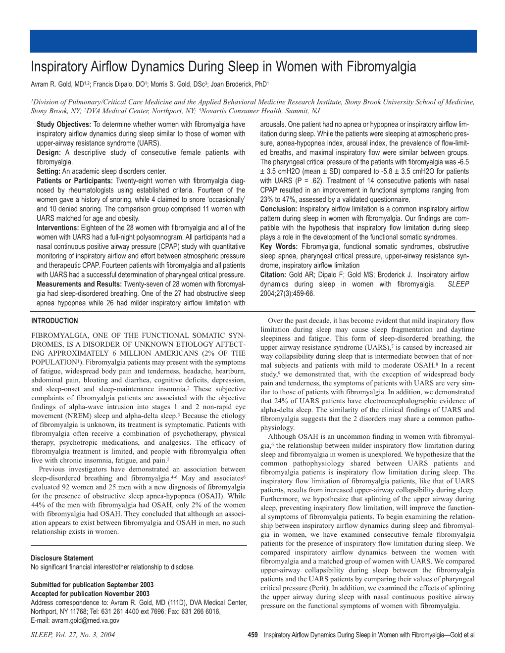 Inspiratory Airflow Dynamics During Sleep in Women with Fibromyalgia Avram R