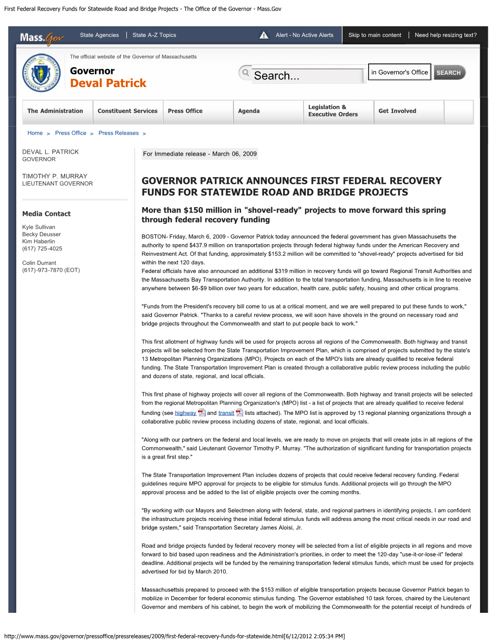 First Federal Recovery Funds for Statewide Road and Bridge Projects - the Office of the Governor - Mass.Gov