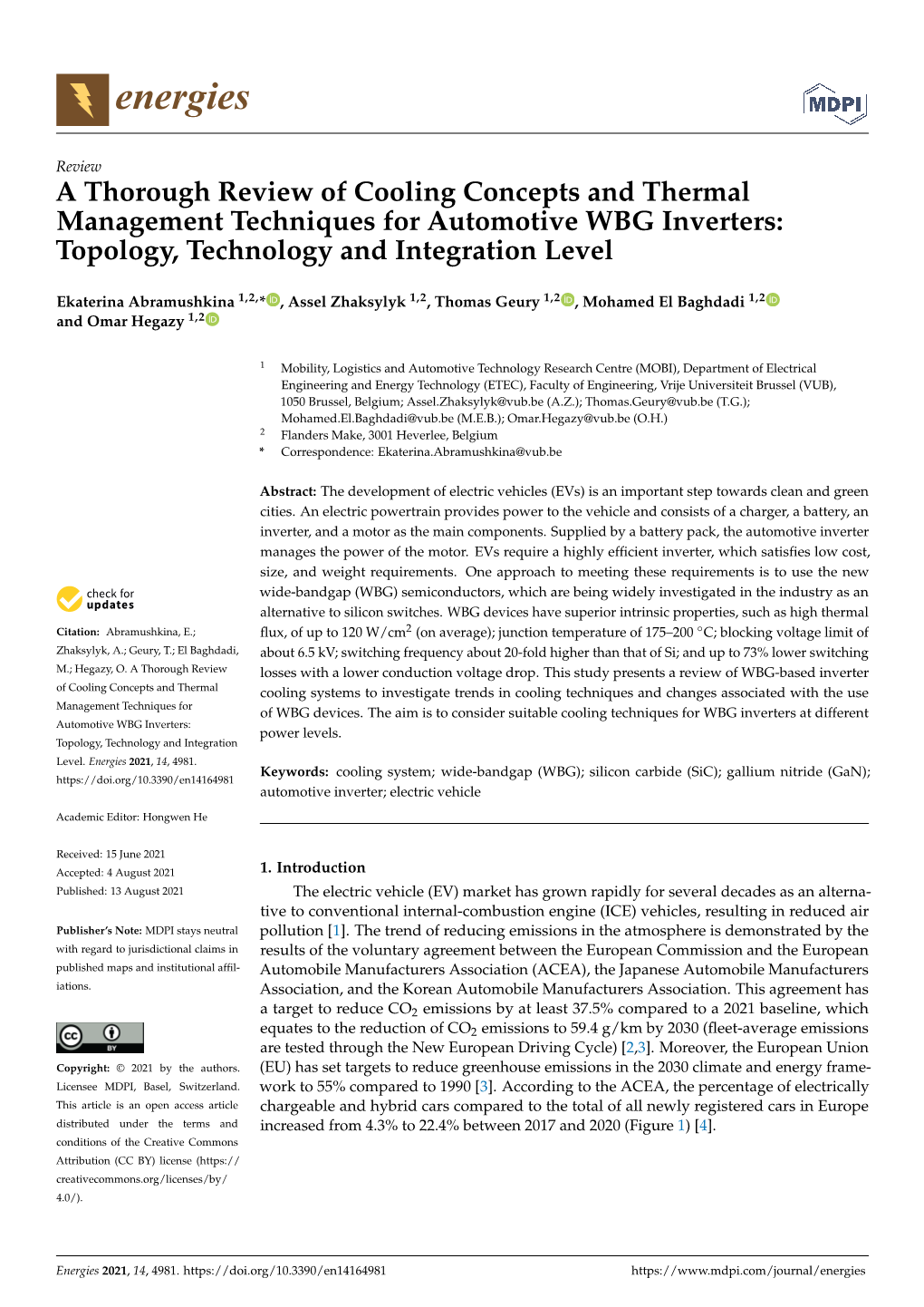 A Thorough Review of Cooling Concepts and Thermal Management Techniques for Automotive WBG Inverters: Topology, Technology and Integration Level