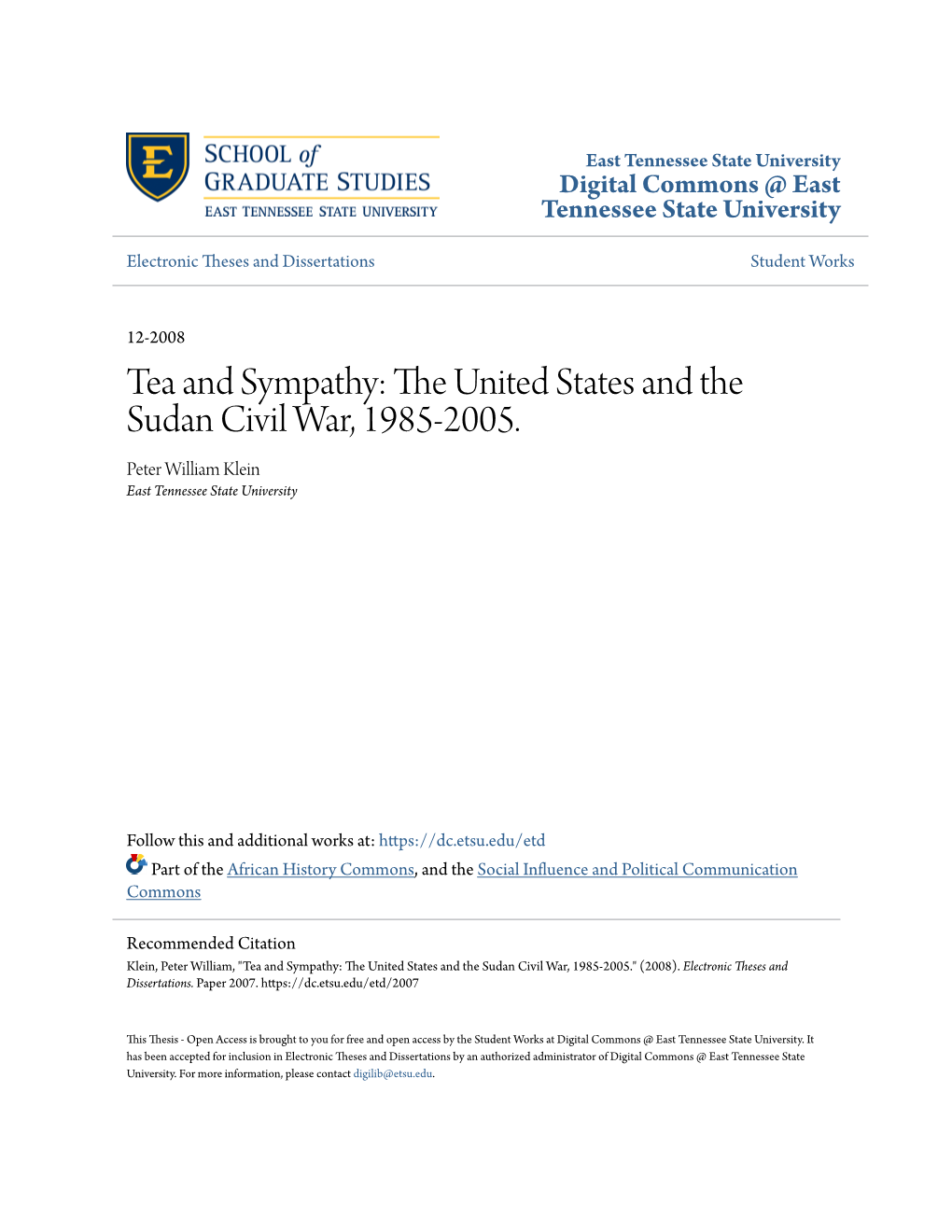 Tea and Sympathy: the United States and the Sudan Civil War, 1985-2005