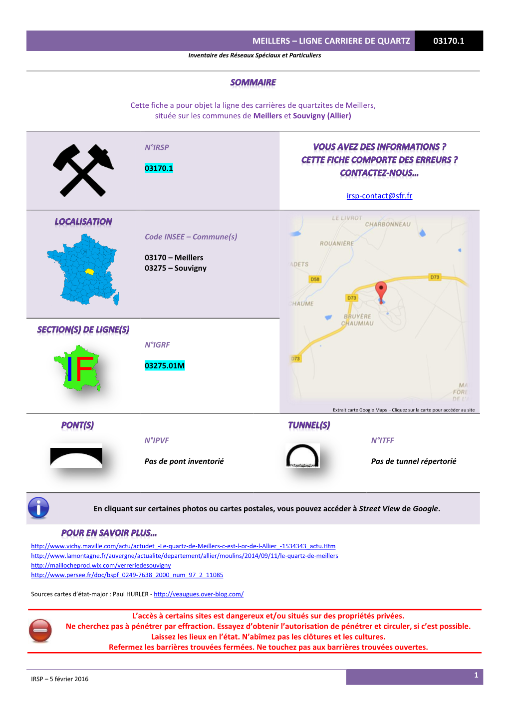 MEILLERS – LIGNE CARRIERE DE QUARTZ 03170.1 Inventaire Des Réseaux Spéciaux Et Particuliers