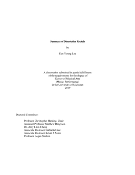 Summary of Dissertation Recitals by Eun Young Lee a Dissertation Submitted in Partial Fulfillment of the Requirements for the De