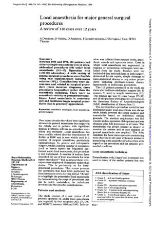 Local Anaesthesia for Major General Surgical Postgrad Med J: First Published As 10.1136/Pgmj.72.844.105 on 1 February 1996
