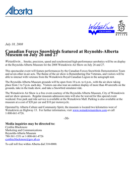 Canadian Forces Snowbirds Featured at Reynolds-Alberta Museum on July 26 and 27