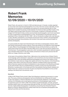 Robert Frank Memories 12/09/2020 — 10/01/2021