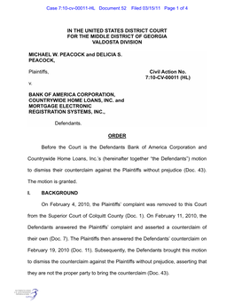 IN the UNITED STATES DISTRICT COURT for the MIDDLE DISTRICT of GEORGIA VALDOSTA DIVISION MICHAEL W. PEACOCK and DELICIA S. PEACO