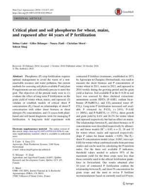 Critical Plant and Soil Phosphorus for Wheat, Maize, and Rapeseed After 44 Years of P Fertilization
