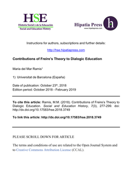 Contributions of Freire's Theory to Dialogic Education PLEASE SCROLL DOWN for ARTICLE the Terms and Conditions of Use Are