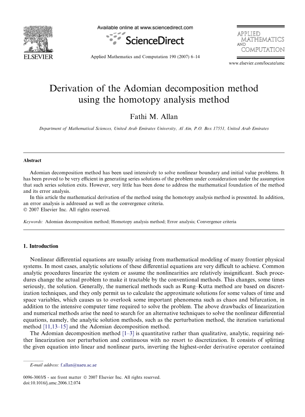 Derivation of the Adomian Decomposition Method Using the Homotopy Analysis Method