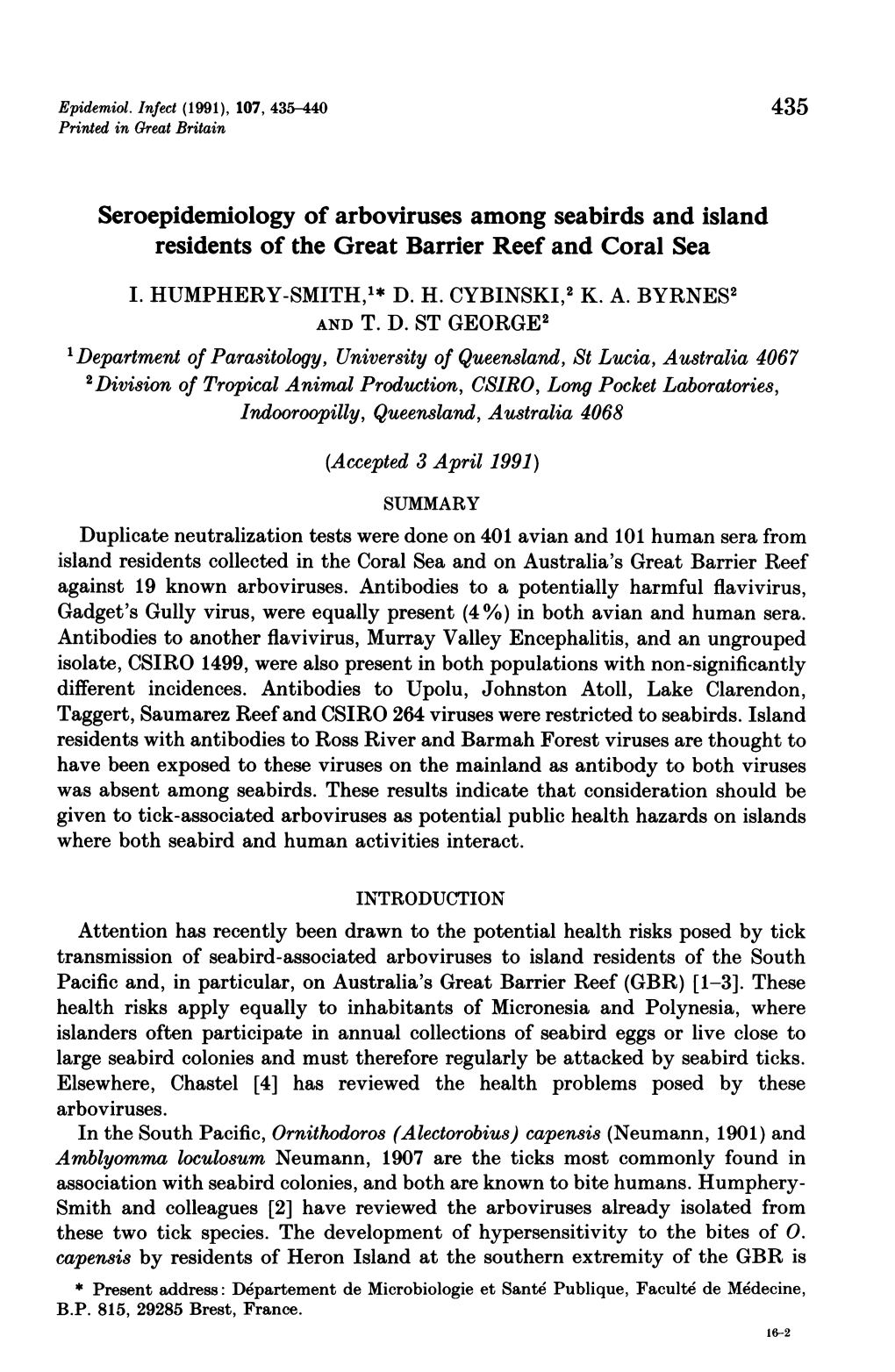 Seroepidemiology of Arboviruses Among Seabirds and Island Residents of the Great Barrier Reef and Coral Sea I