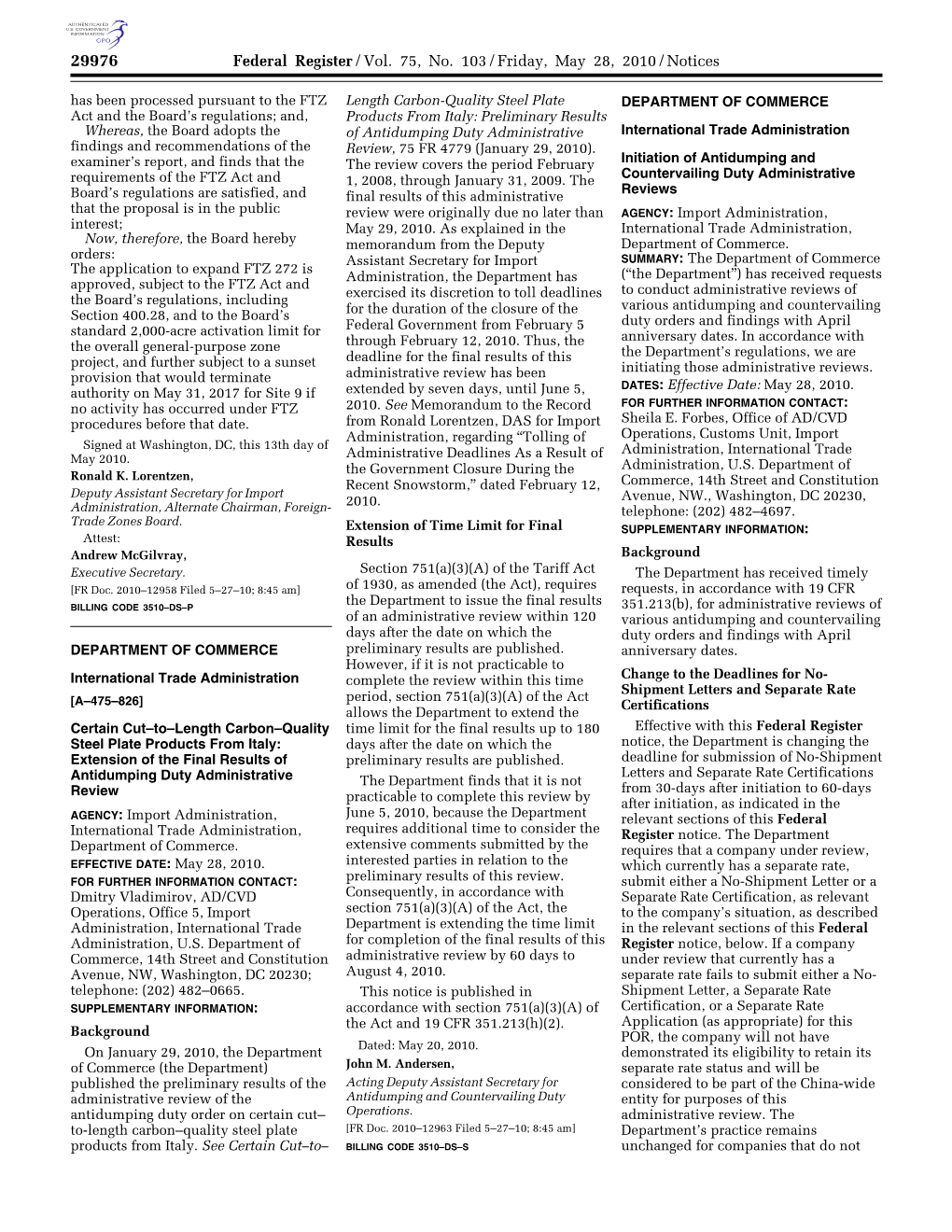 Federal Register/Vol. 75, No. 103/Friday, May 28, 2010/Notices