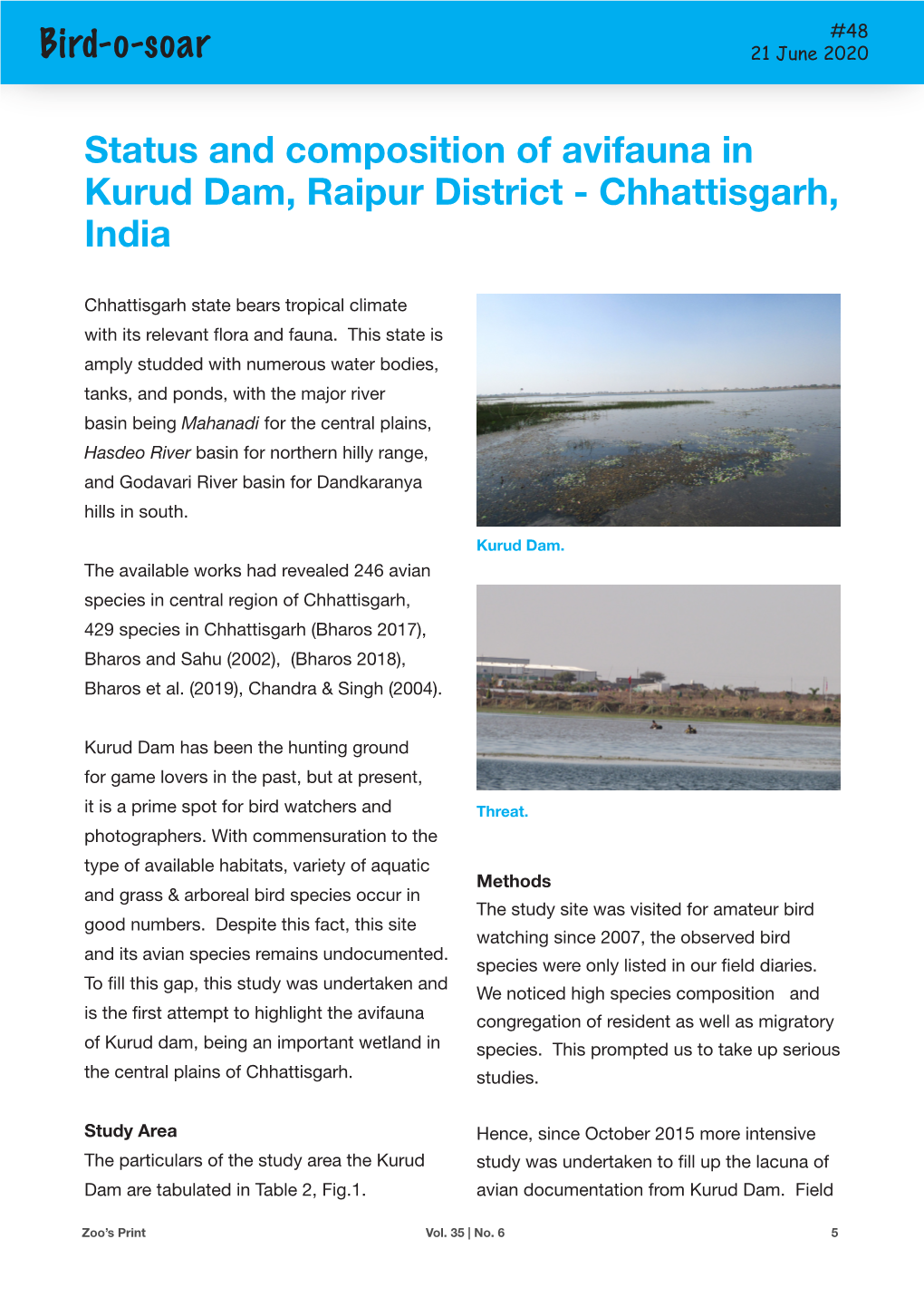 Bird-O-Soar Status and Composition of Avifauna in Kurud Dam, Raipur