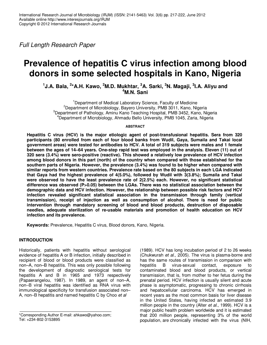 Prevalence of Hepatitis C Virus Infection Among Blood Donors in Some Selected Hospitals in Kano, Nigeria