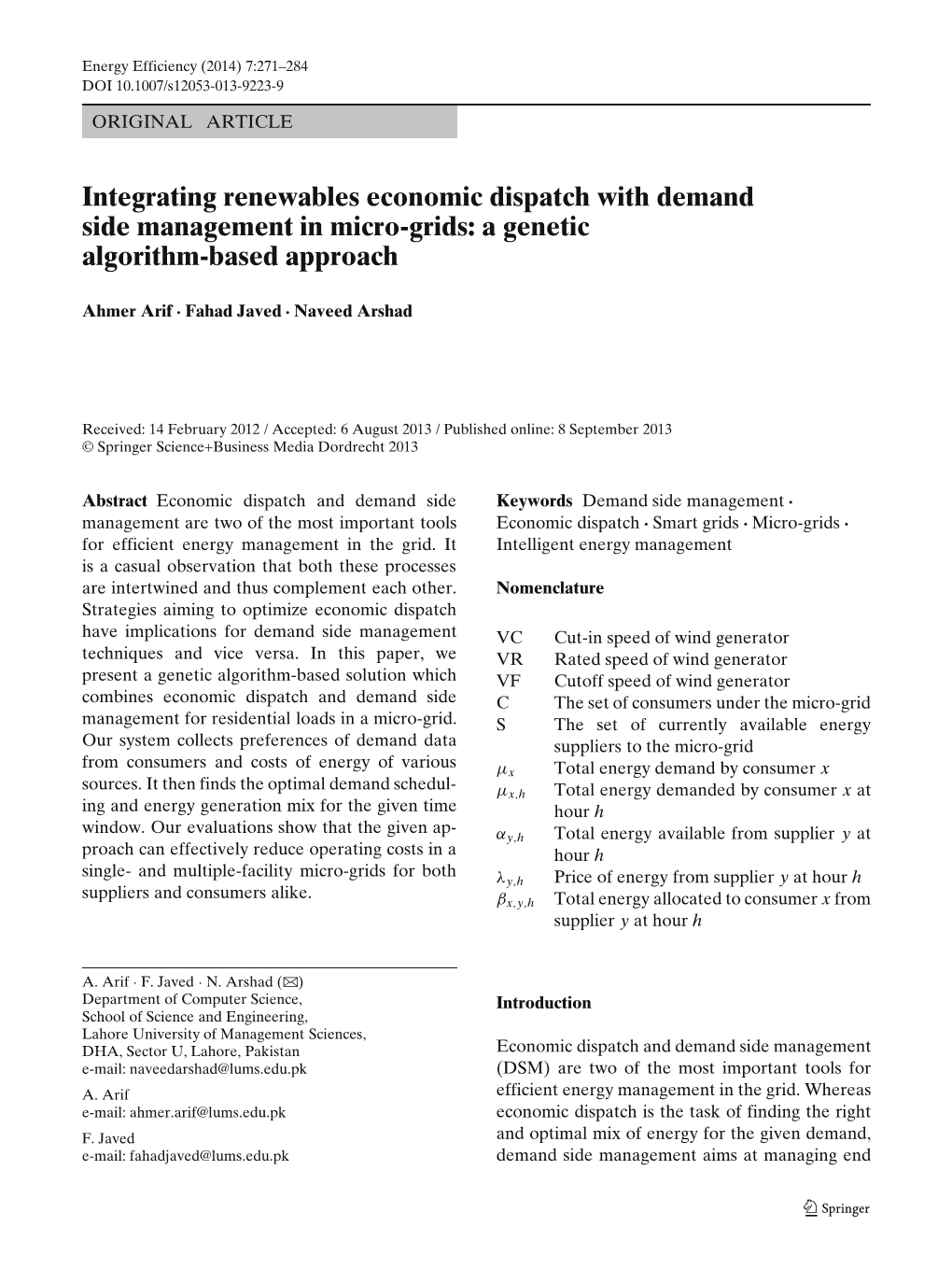 Integrating Renewables Economic Dispatch with Demand Side Management in Micro-Grids: a Genetic Algorithm-Based Approach