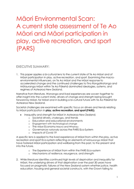 Māori Environmental Scan: a Current State Assessment of Te Ao Māori and Māori Participation in Play, Active Recreation, and Sport (PARS)