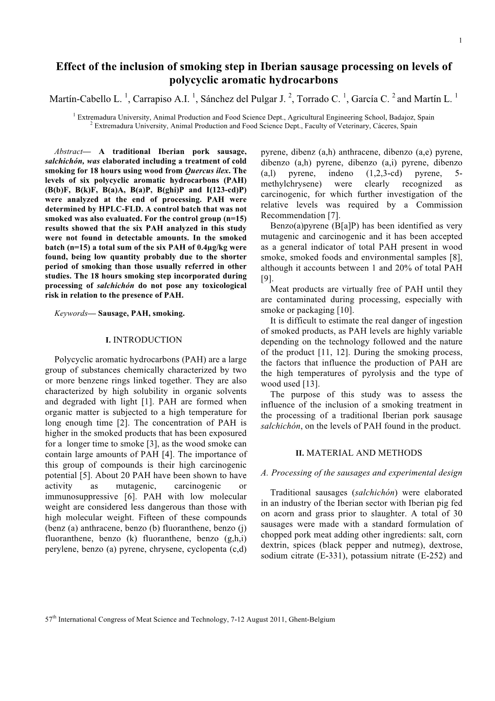 Effect of the Inclusion of Smoking Step in Iberian Sausage Processing on Levels of Polycyclic Aromatic Hydrocarbons Martín-Cabello L