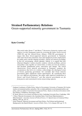 Strained Parliamentary Relations Green-Supported Minority Government in Tasmania