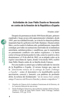 Actividades De Juan Pablo Duarte En Venezuela En Contra De La Anexion De La Republica a Espana