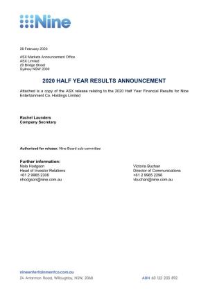 2020 Half Year Results Announcement