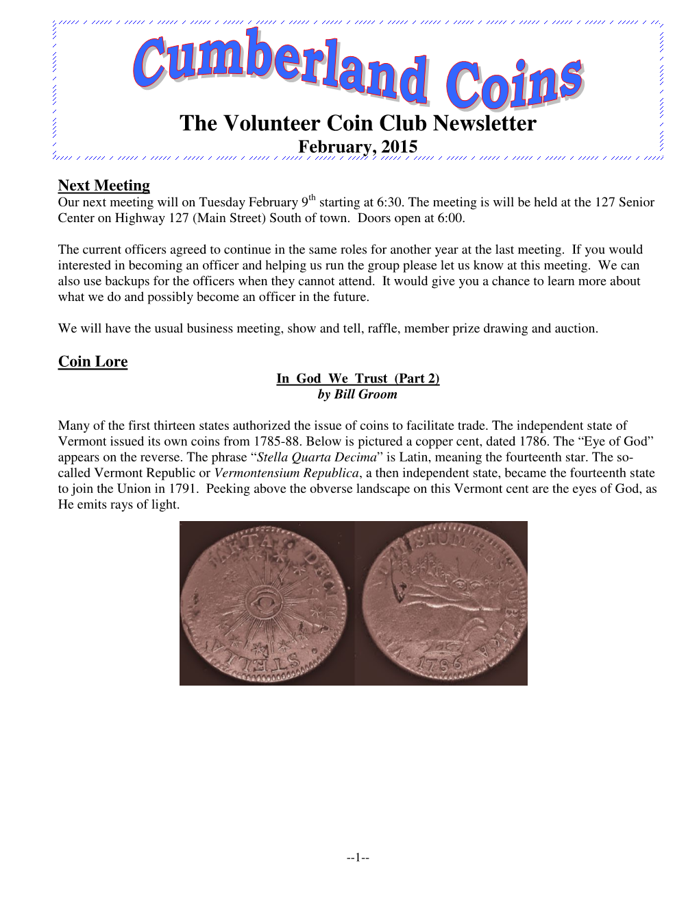 The Volunteer Coin Club Newsletter February, 2015