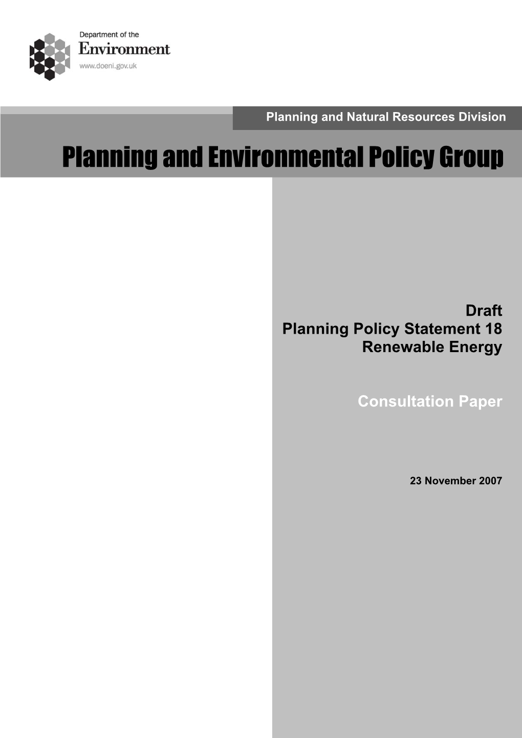 Draft Planning Policy Statement 18 Renewable Energy Public Consultation Draft