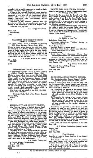 THE LONDON GAZETTE, 26TH JULY 1968 8265 Unloaded ; (B) to Enable Passengers to Board Or Alight BRISTOL CITY and COUNTY COUNCIL and (C) for Certain Other Purposes
