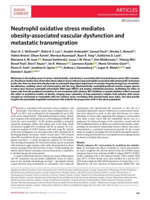 Neutrophil Oxidative Stress Mediates Obesity-Associated Vascular Dysfunction and Metastatic Transmigration