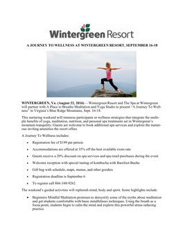 A Journey to Wellness at Wintergreen Resort, September 16-18