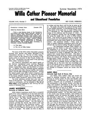 Willa ( Ather Pioneer Memorial and Educational Foundation VOLUME Xvlll, Number 2 RED CLOUD, NEBRASKA