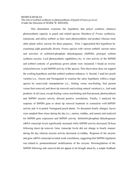 BEDRI KARAKAS the Role of Sorbitol Synthesis in Photosynthesis of Peach (Prunus Persica) (Under the Direction of MARK W