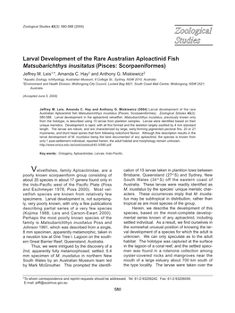 Larval Development of the Rare Australian Aploactinid Fish Matsubarichthys Inusitatus (Pisces: Scorpaeniformes) Jeffrey M