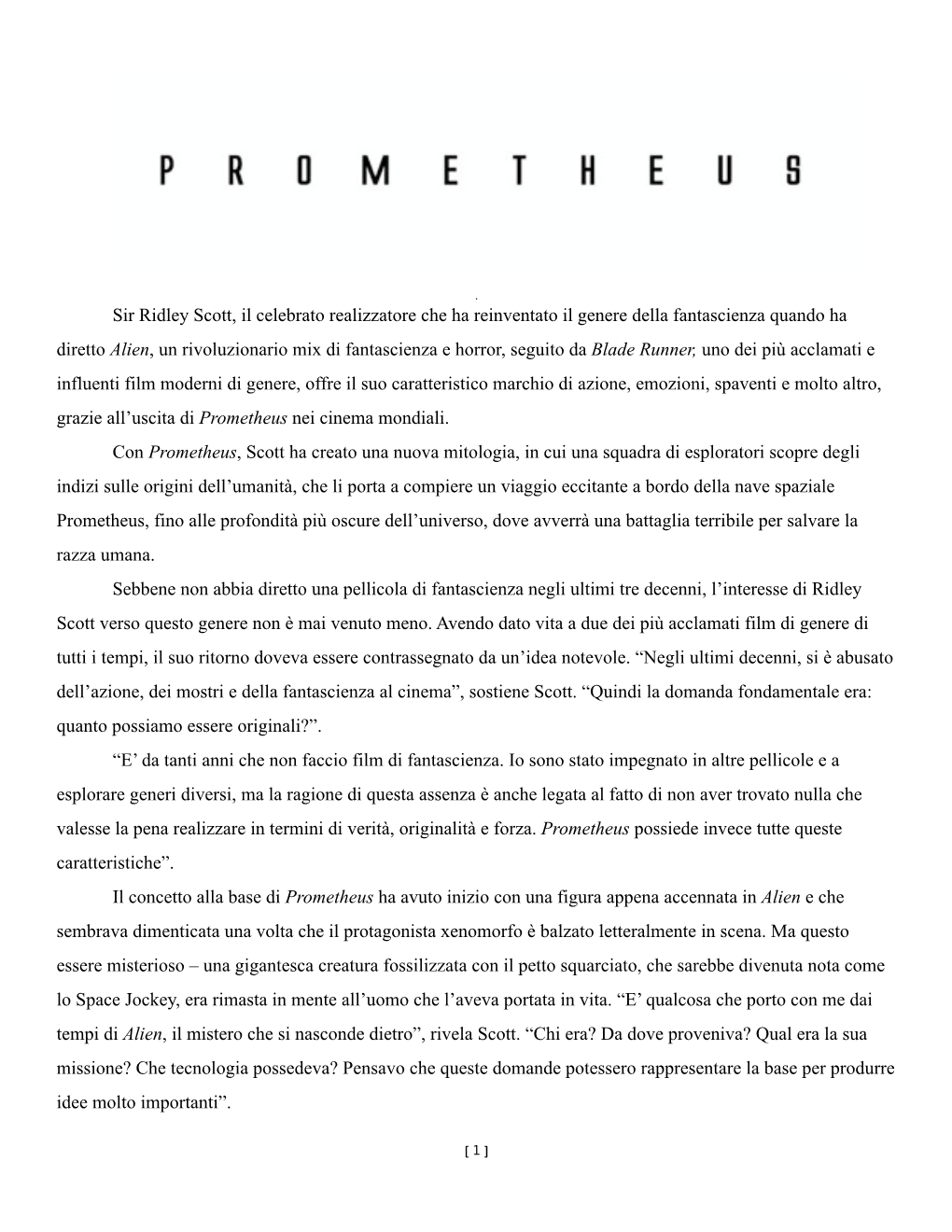 Ita Di Prometheus Nei Cinema Mondiali