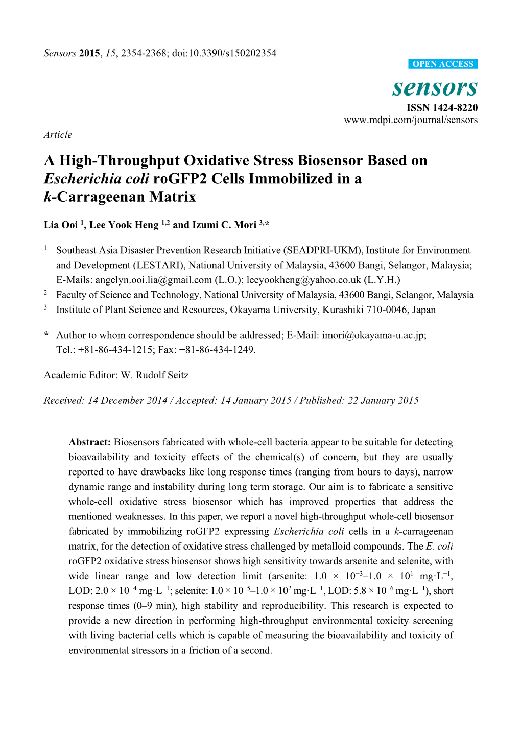 A High-Throughput Oxidative Stress Biosensor Based on Escherichia Coli Rogfp2 Cells Immobilized in a K-Carrageenan Matrix