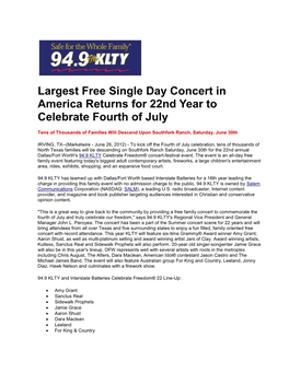 Largest Free Single Day Concert in America Returns for 22Nd Year to Celebrate Fourth of July