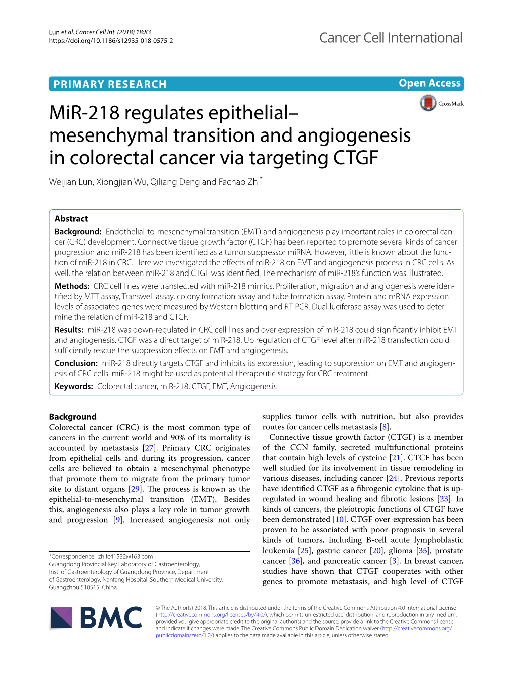 Mir-218 Regulates Epithelial–Mesenchymal Transition And