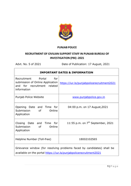 Recruitment of Civilian Support Staff in Punjab Bureau of Investigation (Pbi) -2021
