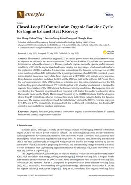 Closed-Loop PI Control of an Organic Rankine Cycle for Engine Exhaust Heat Recovery